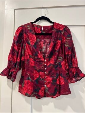 Free People Red Floral Blouse, Size Large